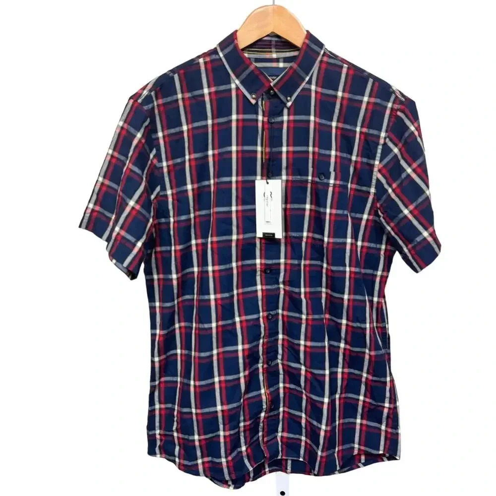 New Carry Mens Short Sleeve Plaid‎ Button Up Shirt Size L
